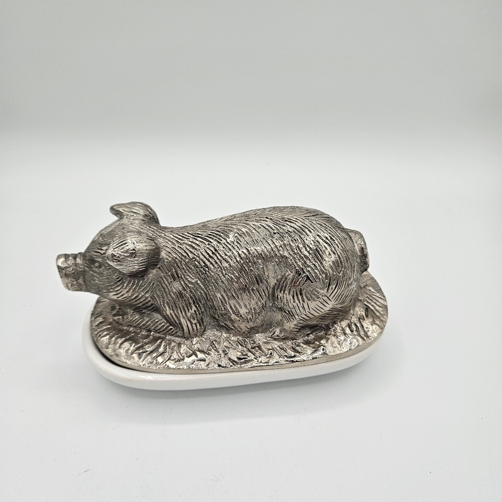 Ceramic & Metal aluminum pig butter dish